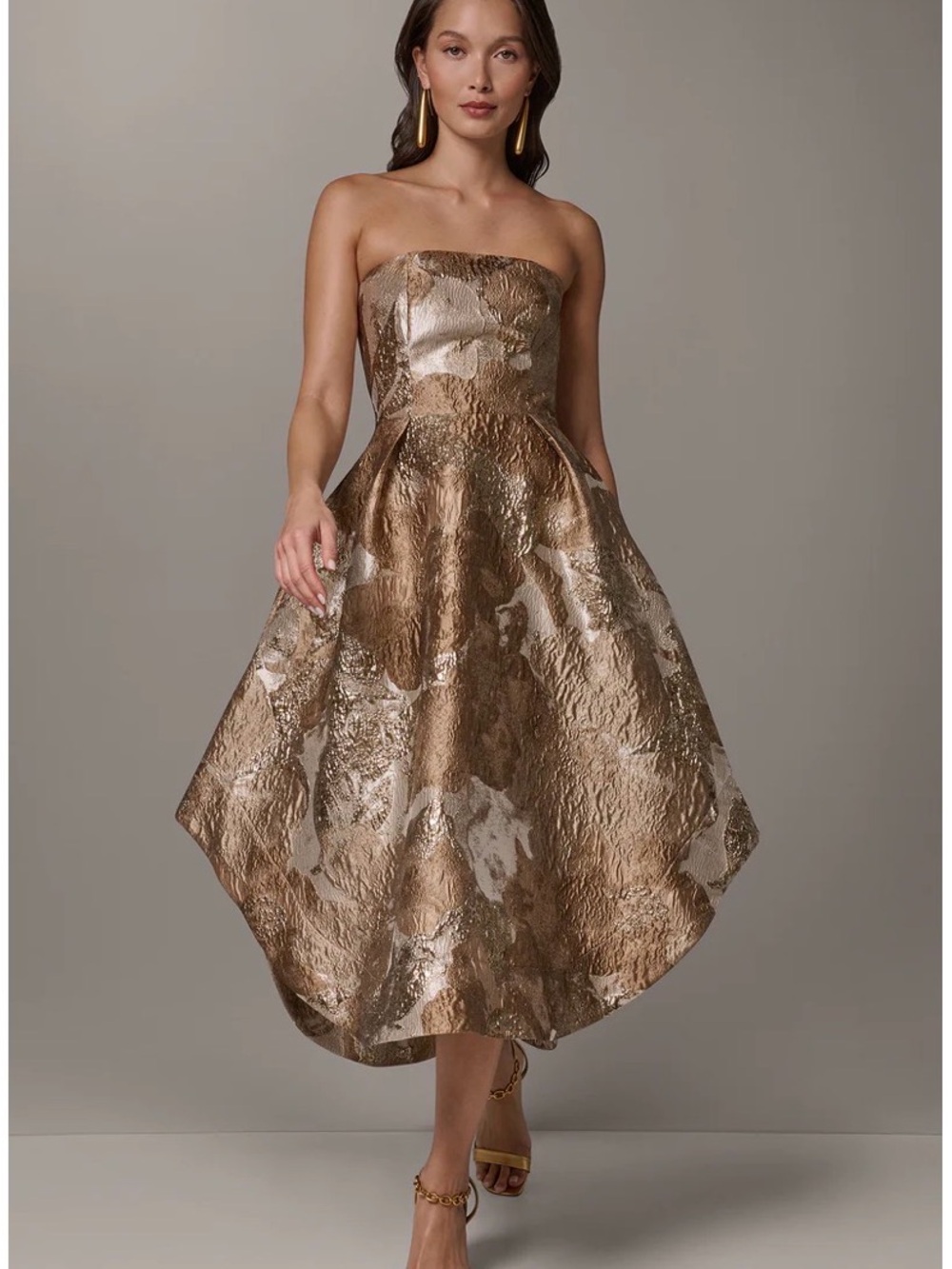 BROCADE STRAPLESS PLEATED MIDI GOWN